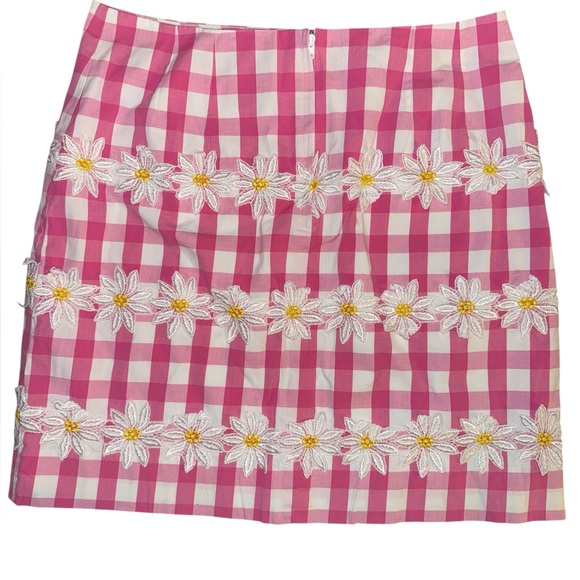 Vintage Lilly Pulitzer Pink Checkered Gingham Daisy Embroidered Skirt Size 8 - Picture 8 of 9